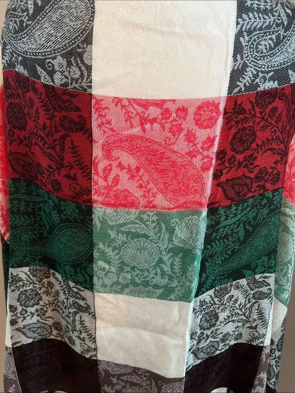 pashmina | Black, White, Red & Green Paisley Patch Scarf Wrap Sz 76” L x 27” W